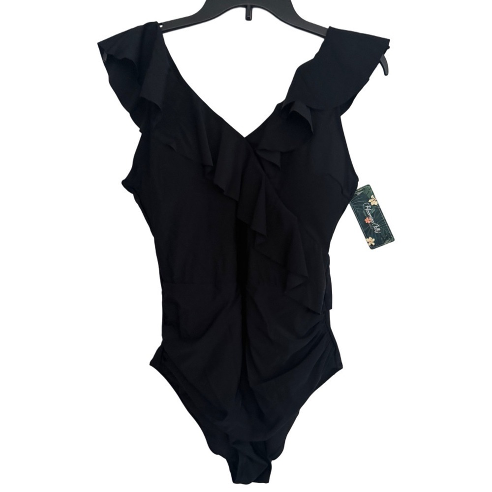 Black One-Piece Ruffle Swim Suit Pool Spandex Large